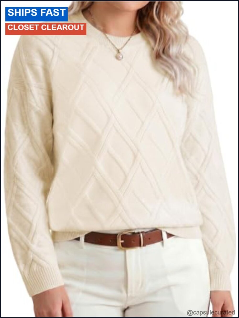 Plus Size Ribbed Cable Knit Crewneck Pullover Sweater Long Sleeve